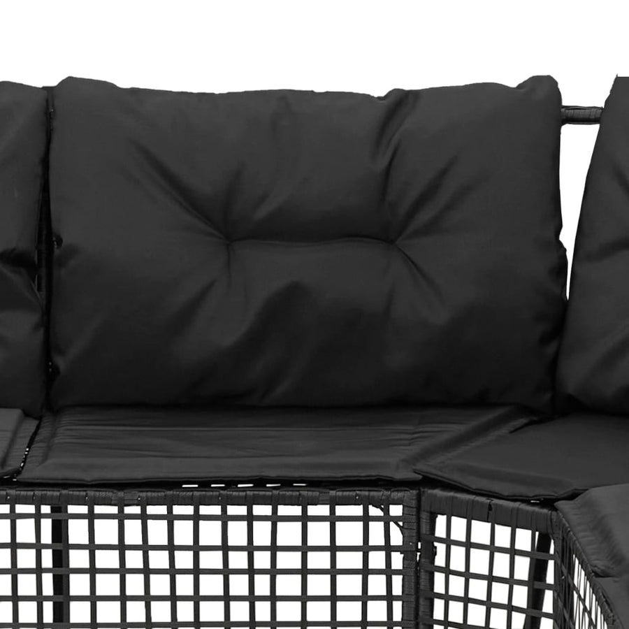 Tuinbank met kussens en voetensteun L-vormig poly rattan zwart
