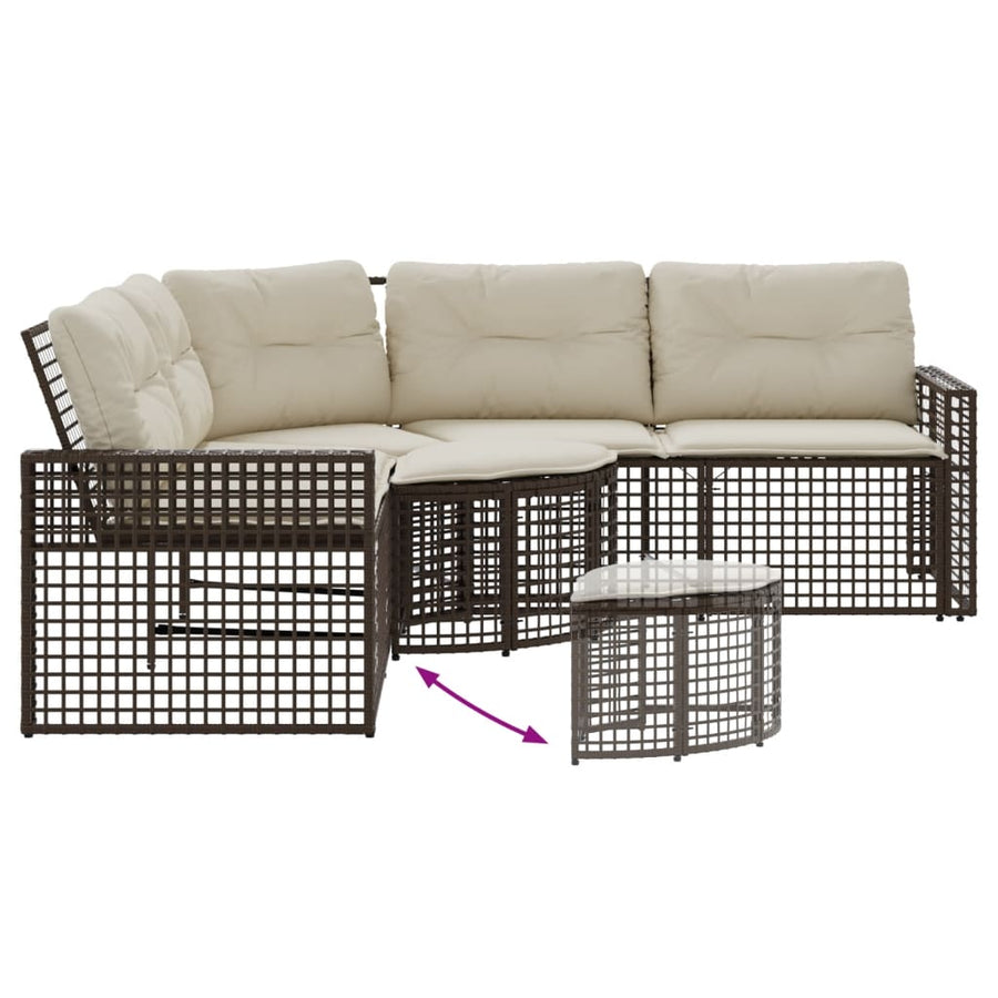 Tuinbank met kussens en voetensteun L-vormig poly rattan bruin