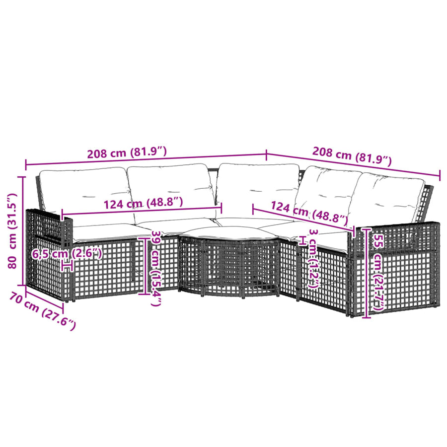 Tuinbank met kussens en voetensteun L-vormig poly rattan grijs