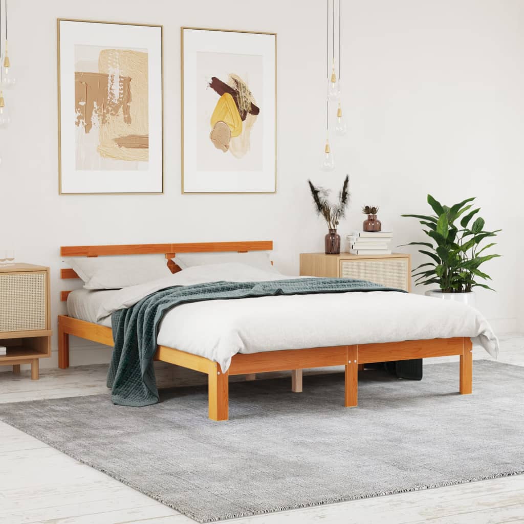 Bedframe Met Hoofdbord Massief Grenenhout Was Bruin 140 x 190 cm