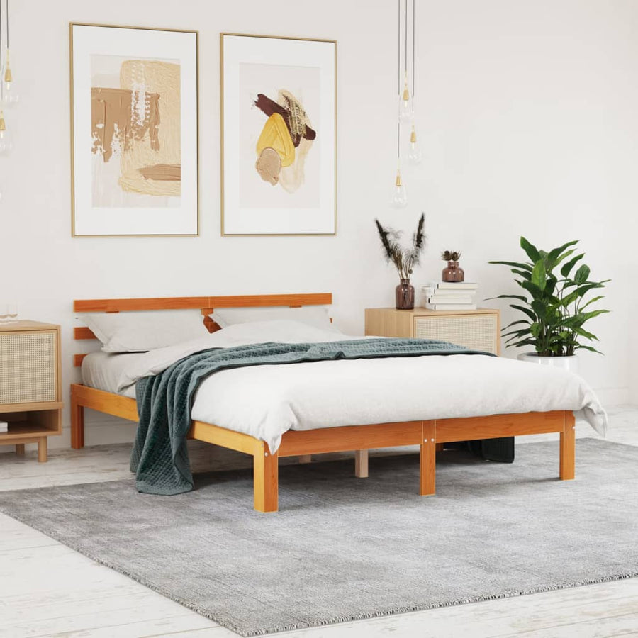 Bedframe Met Hoofdbord Massief Grenenhout Was Bruin 140 x 190 cm