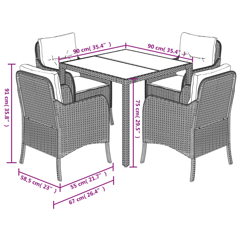 5-Delige Tuinset Met Kussens Poly Rattan 4 90 cm tafellengte Zwart en crème