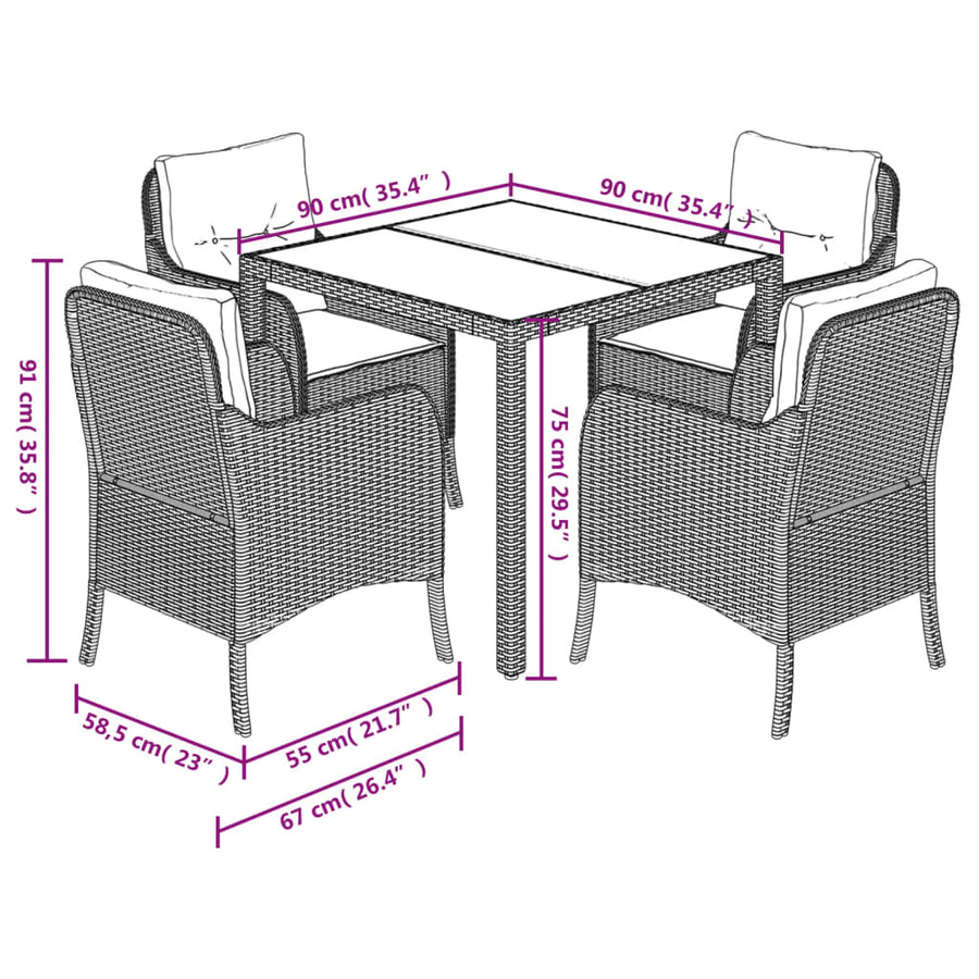 5-Delige Tuinset Met Kussens Poly Rattan 4 90 cm tafellengte Zwart en crème