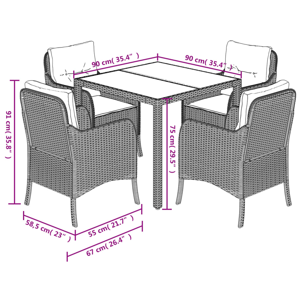 5-Delige Tuinset Met Kussens Poly Rattan 4 90 cm tafellengte Zwart