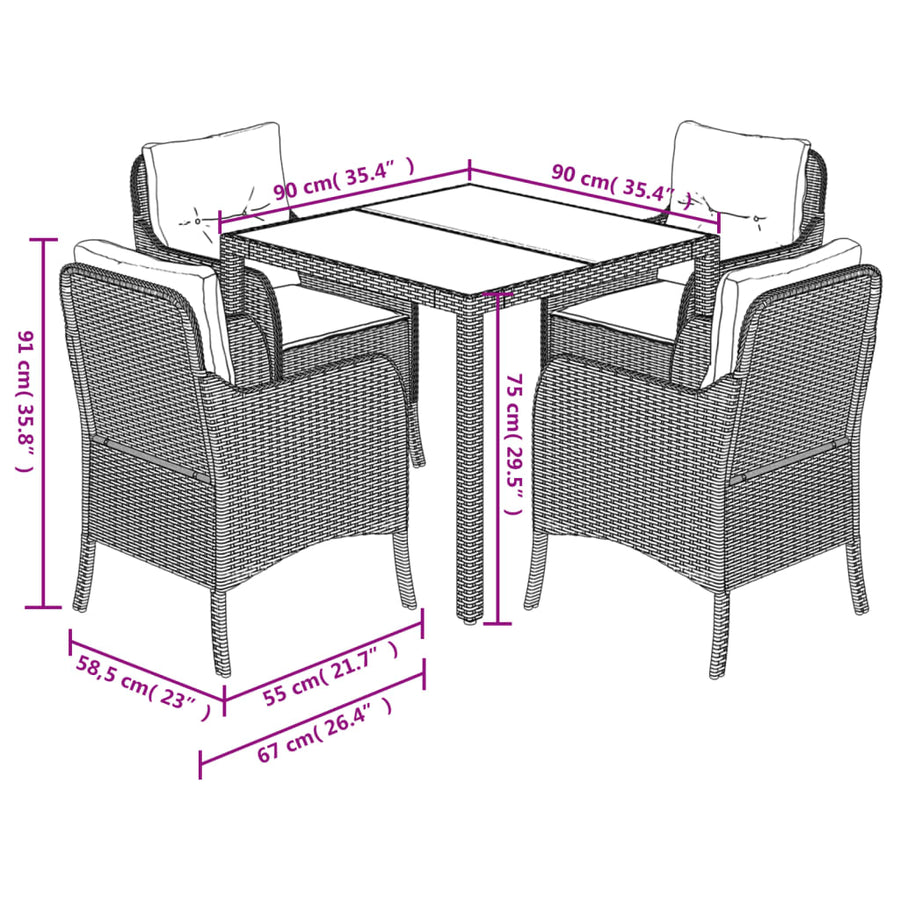5-Delige Tuinset Met Kussens Poly Rattan 4 90 cm tafellengte Zwart