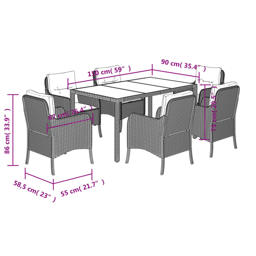 -Delige Tuinset Met Kussens Poly Rattan Zwart 150 cm tafellengte 7