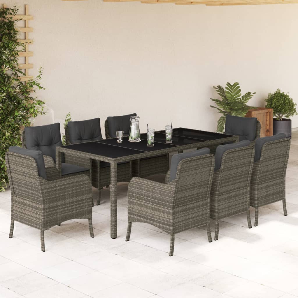Tuinset met kussens poly rattan 9 190 cm tafellengte Grijs