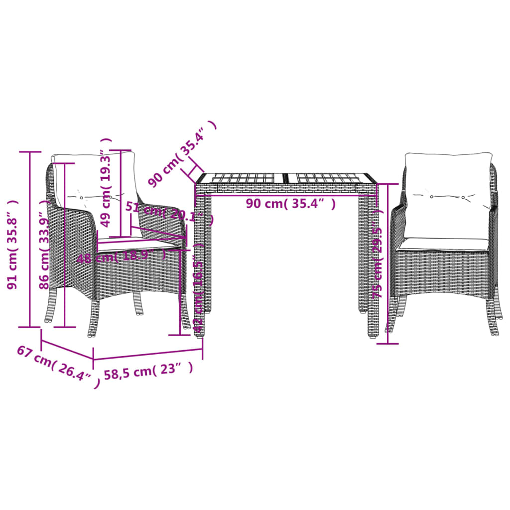 Tuinset met kussens poly rattan 3 90 cm tafellengte Zwart en crème