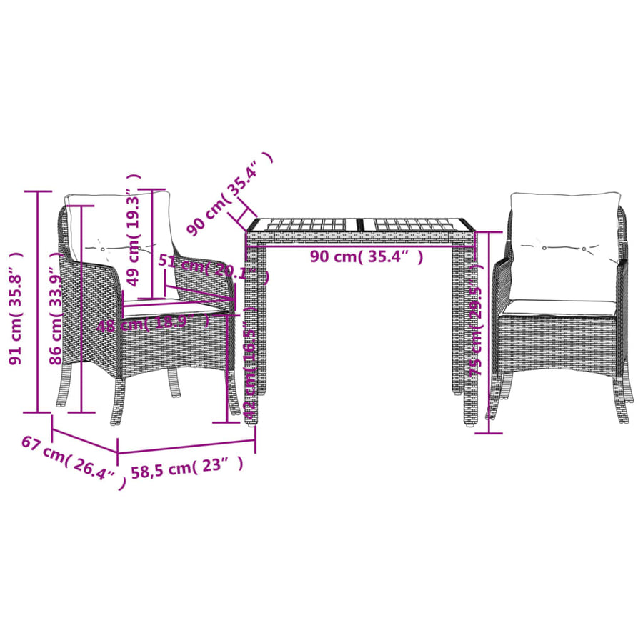 Tuinset met kussens poly rattan 3 90 cm tafellengte Zwart en crème