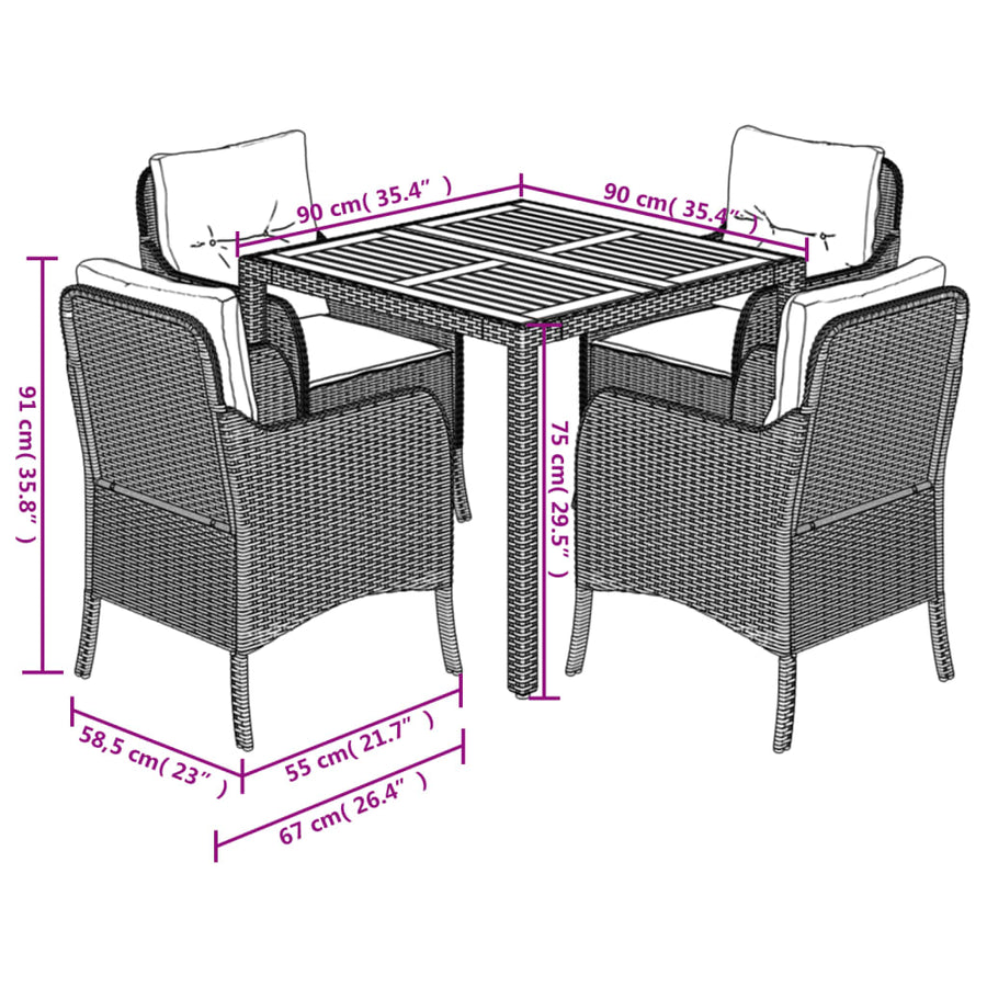 Tuinset met kussens poly rattan 5 90 cm tafellengte Zwart en crème