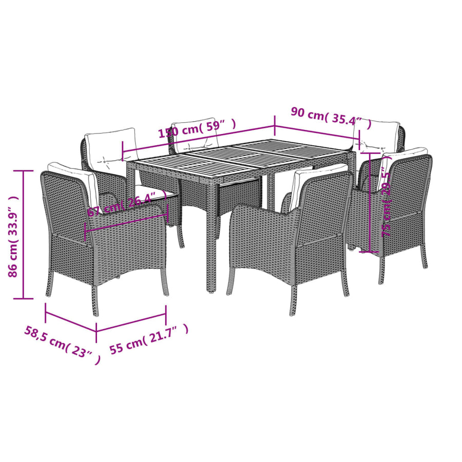 Tuinset met kussens poly rattan 7 150 cm tafellengte Zwart en crème