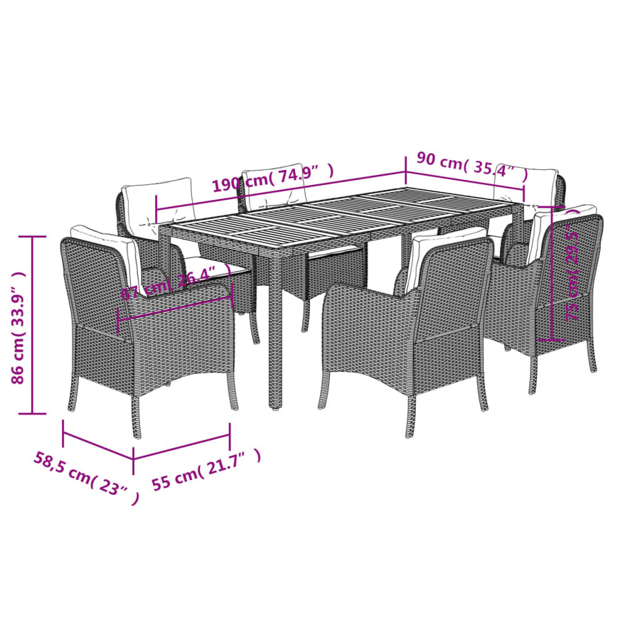 7-Delige Tuinset Met Kussens Poly Rattan 6 190 cm tafellengte Zwart en crème