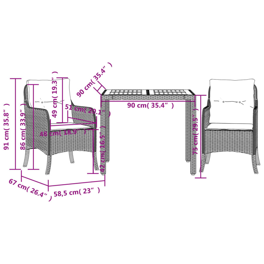 -Delige Tuinset Met Kussens Poly Rattan 3 90 cm tafellengte Zwart