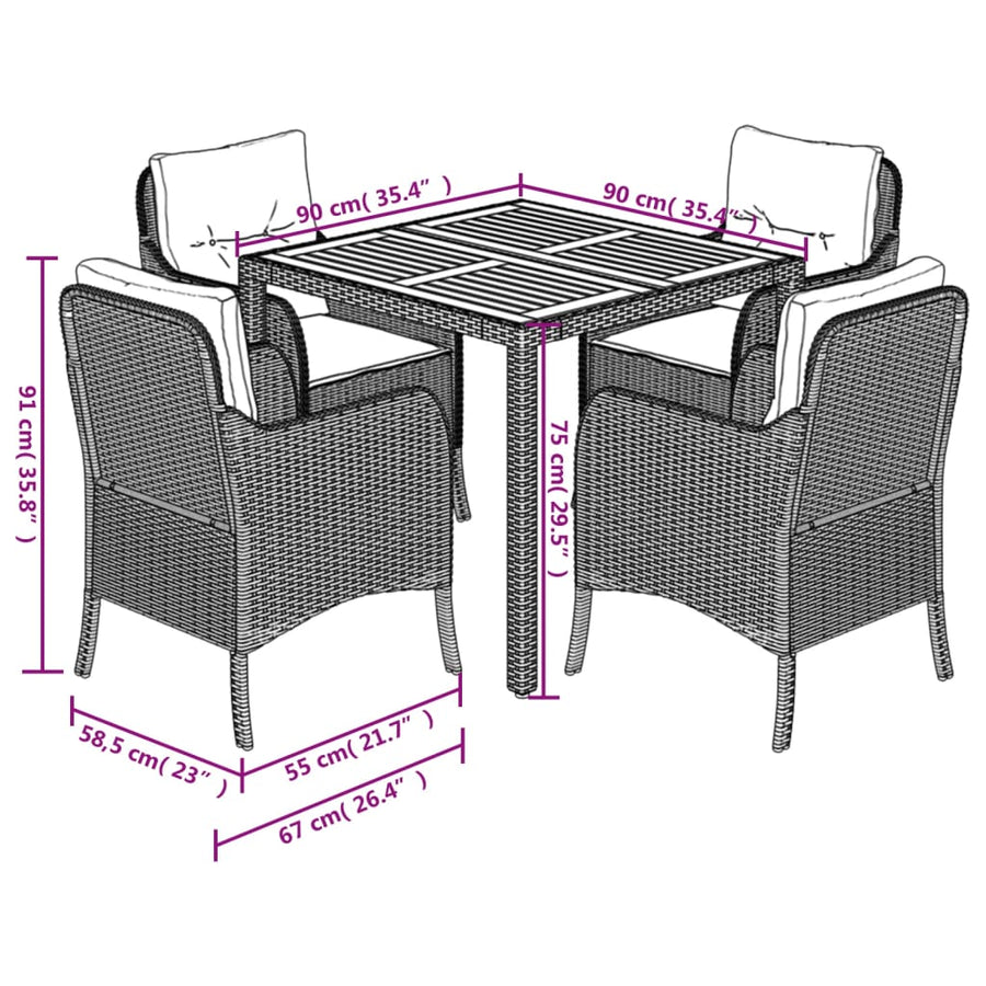 Tuinset met kussens poly rattan 5 90 cm tafellengte Zwart