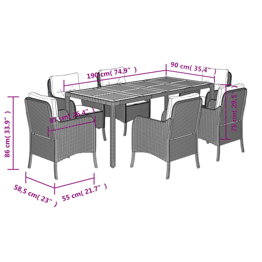 7-Delige Tuinset Met Kussens Poly Rattan 6 190 cm tafellengte Zwart