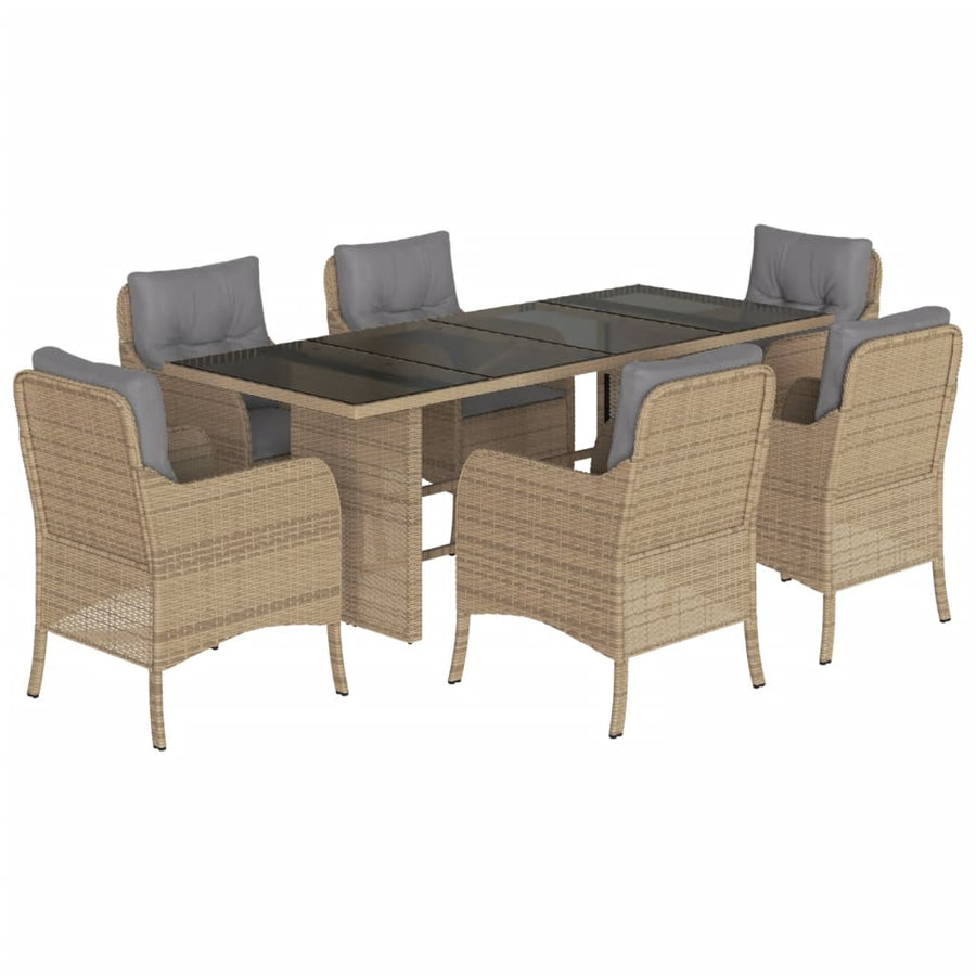 Tuinset met kussens poly rattan beige 7 Gemengd beige Glas