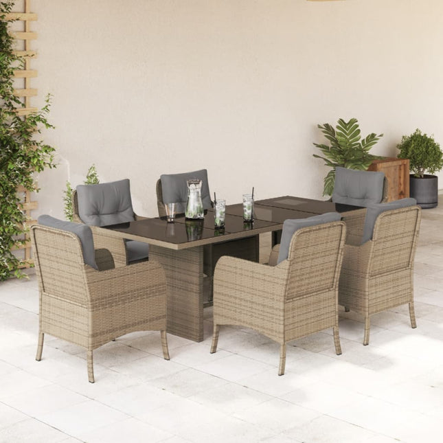 Tuinset met kussens poly rattan beige 7 Gemengd beige Glas