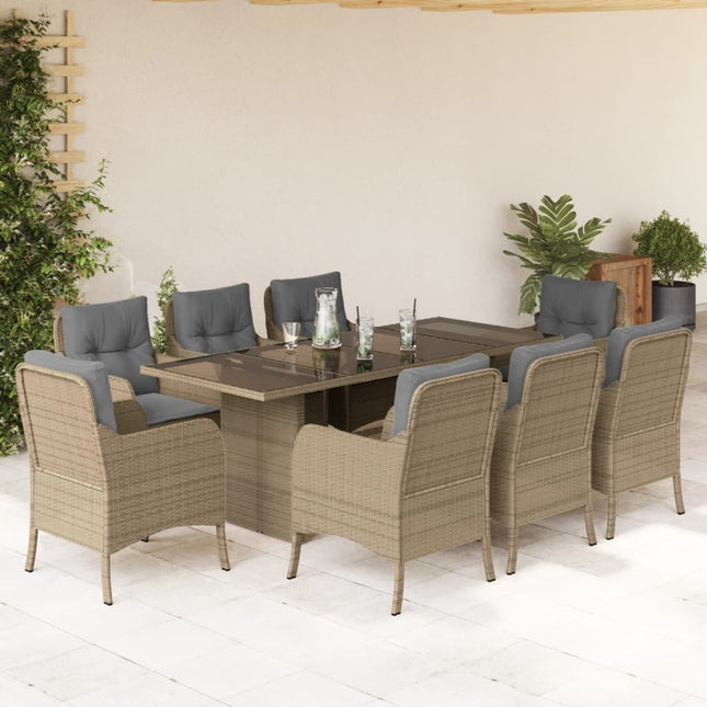 Tuinset met kussens poly rattan beige 9 Gemengd beige Glas