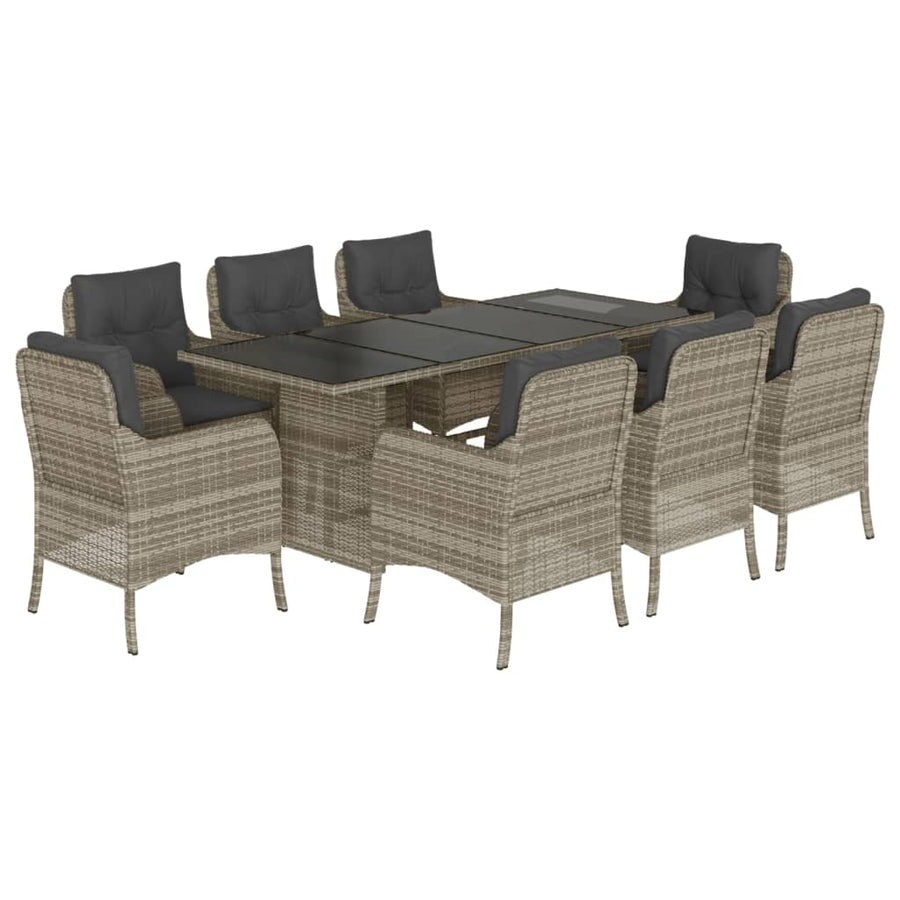 9-Delige Tuinset Met Kussens Poly Rattan 8 Lichtgrijs Glas