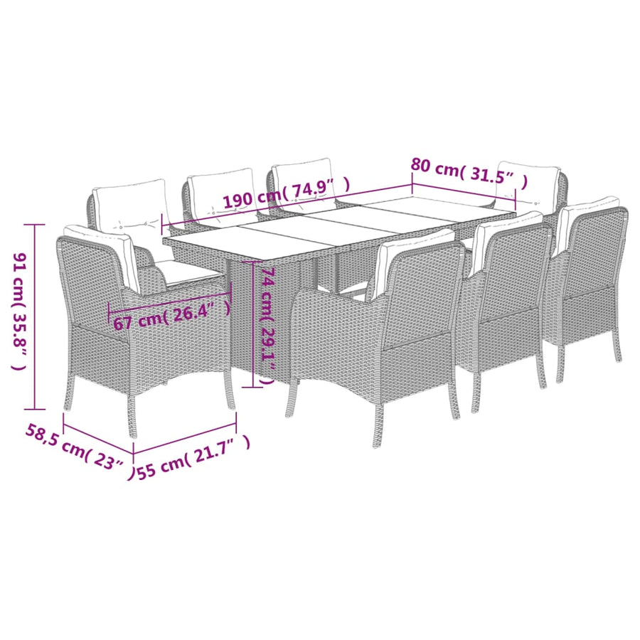 9-Delige Tuinset Met Kussens Poly Rattan 8 Lichtgrijs Glas