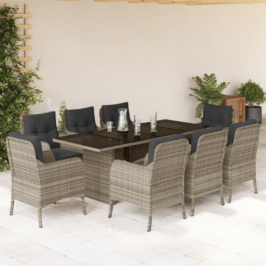 9-Delige Tuinset Met Kussens Poly Rattan 8 Lichtgrijs Glas