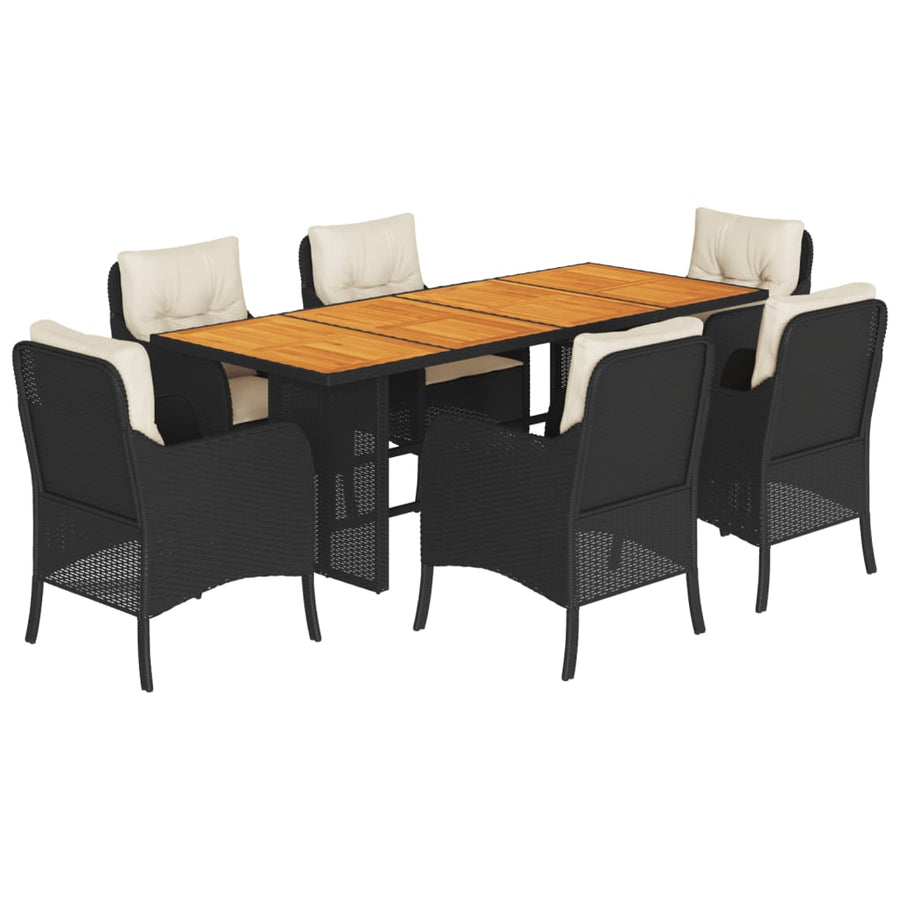 7-Delige Tuinset Met Kussens Poly Rattan 6 Zwart en crème Hout