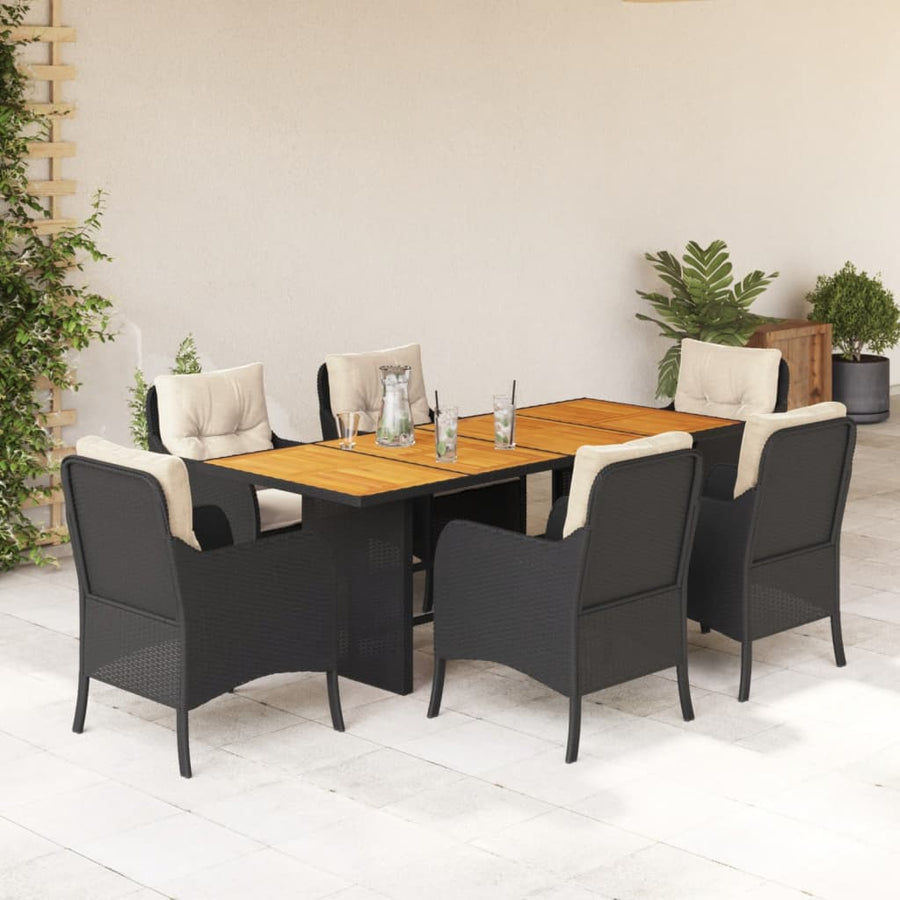 7-Delige Tuinset Met Kussens Poly Rattan 6 Zwart en crème Hout