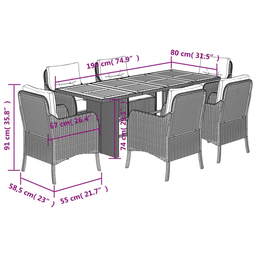 Tuinset met kussens poly rattan 7 Zwart Hout