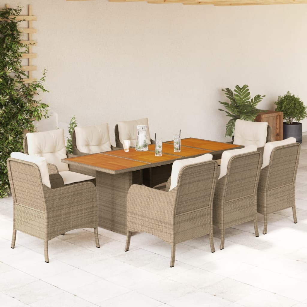 9-Delige Tuinset Met Kussens Poly Rattan 8 Beige Hout