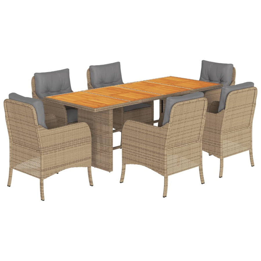 7-Delige Tuinset Met Kussens Poly Rattan Beige 6 Gemengd beige Hout