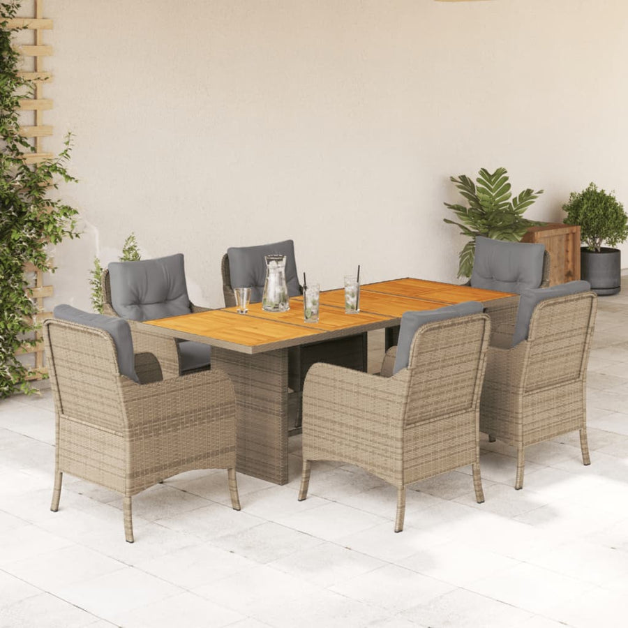 7-Delige Tuinset Met Kussens Poly Rattan Beige 6 Gemengd beige Hout