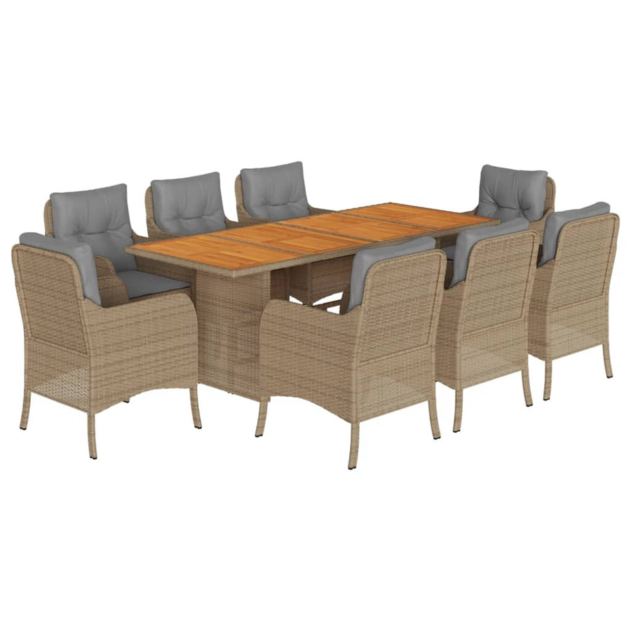 9-Delige Tuinset Met Kussens Poly Rattan Beige 8 Gemengd beige Hout