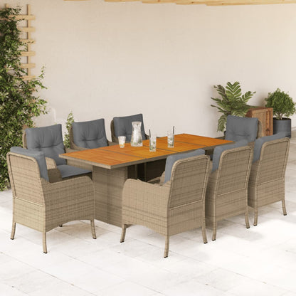 9-Delige Tuinset Met Kussens Poly Rattan Beige 8 Gemengd beige Hout