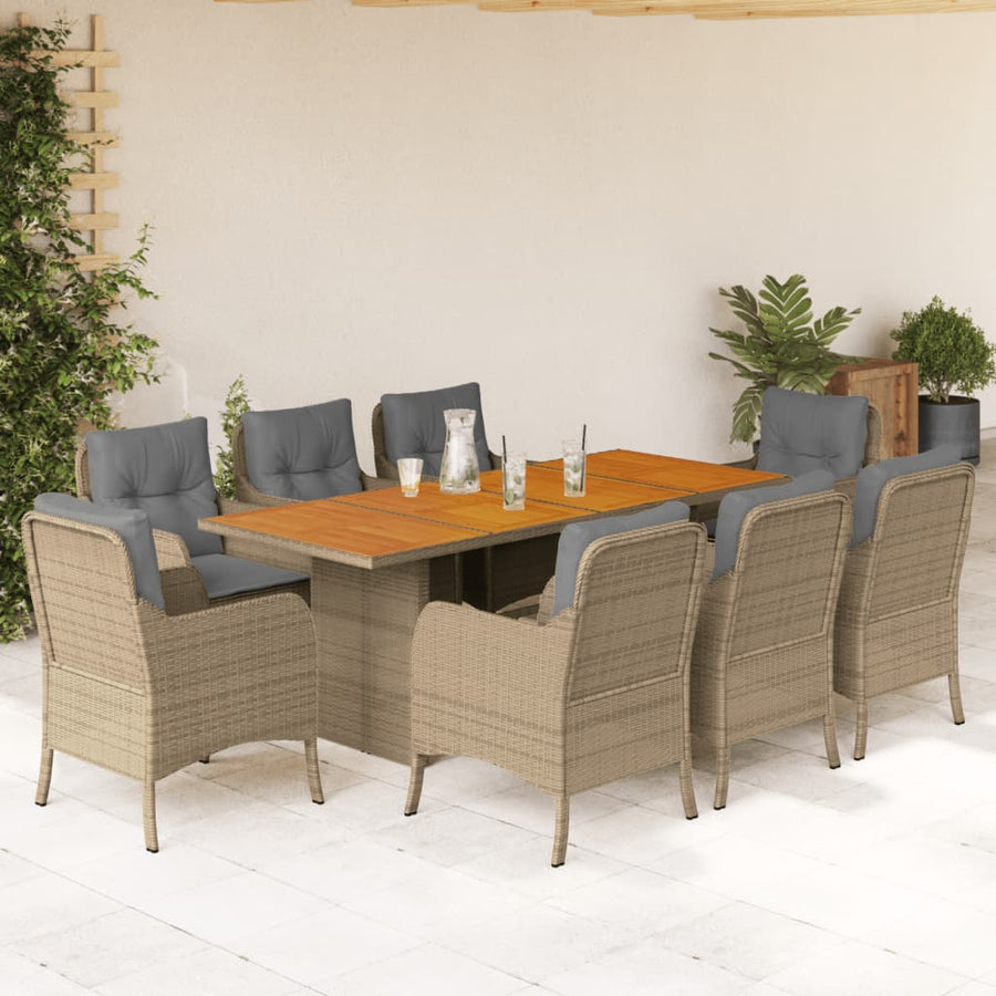 9-Delige Tuinset Met Kussens Poly Rattan Beige 8 Gemengd beige Hout