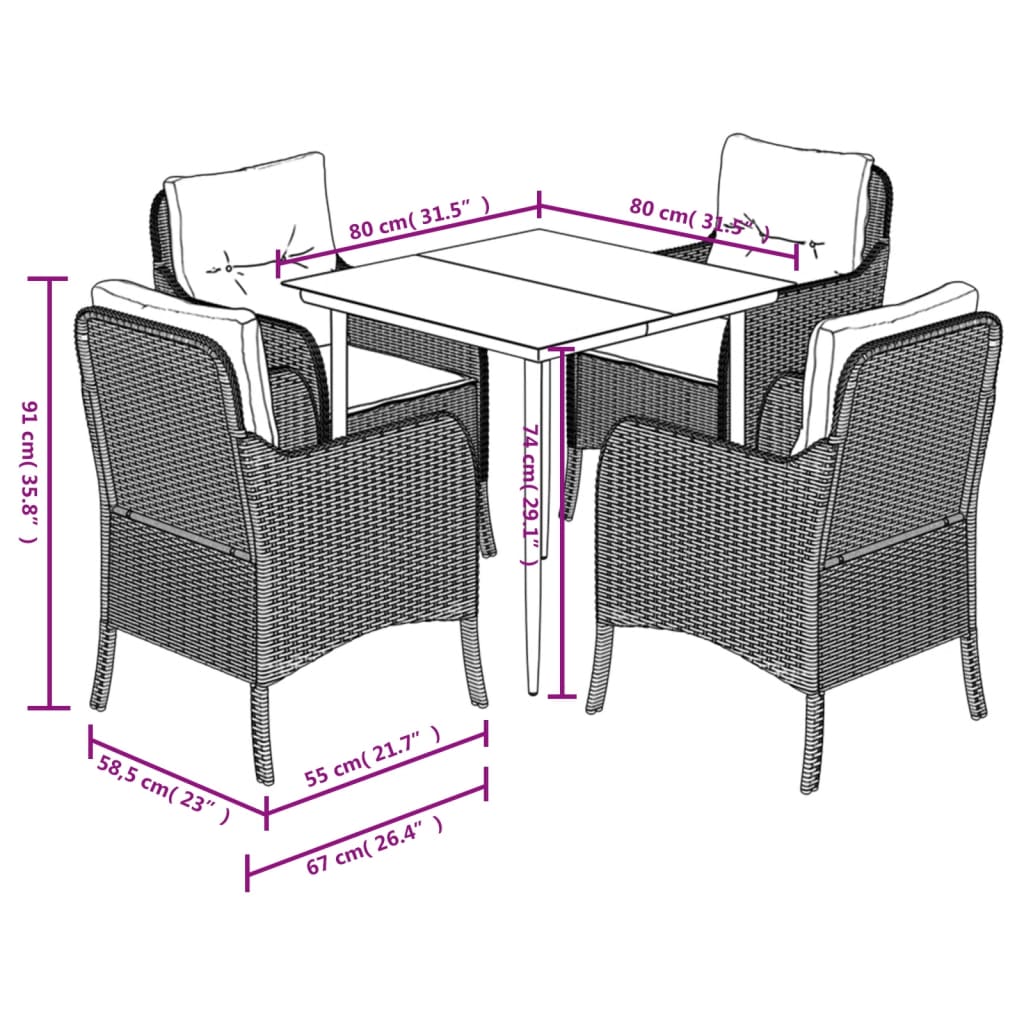 Tuinset met kussens poly rattan zwart 5 80 cm tafellengte Puntige poot