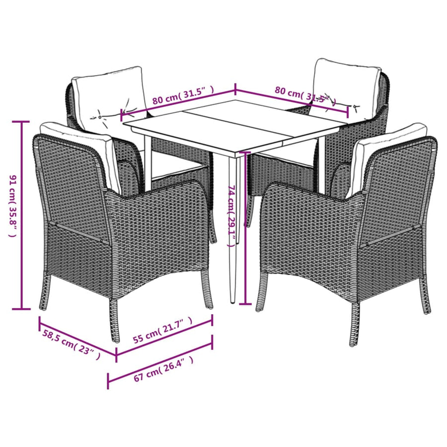 Tuinset met kussens poly rattan zwart 5 80 cm tafellengte Puntige poot