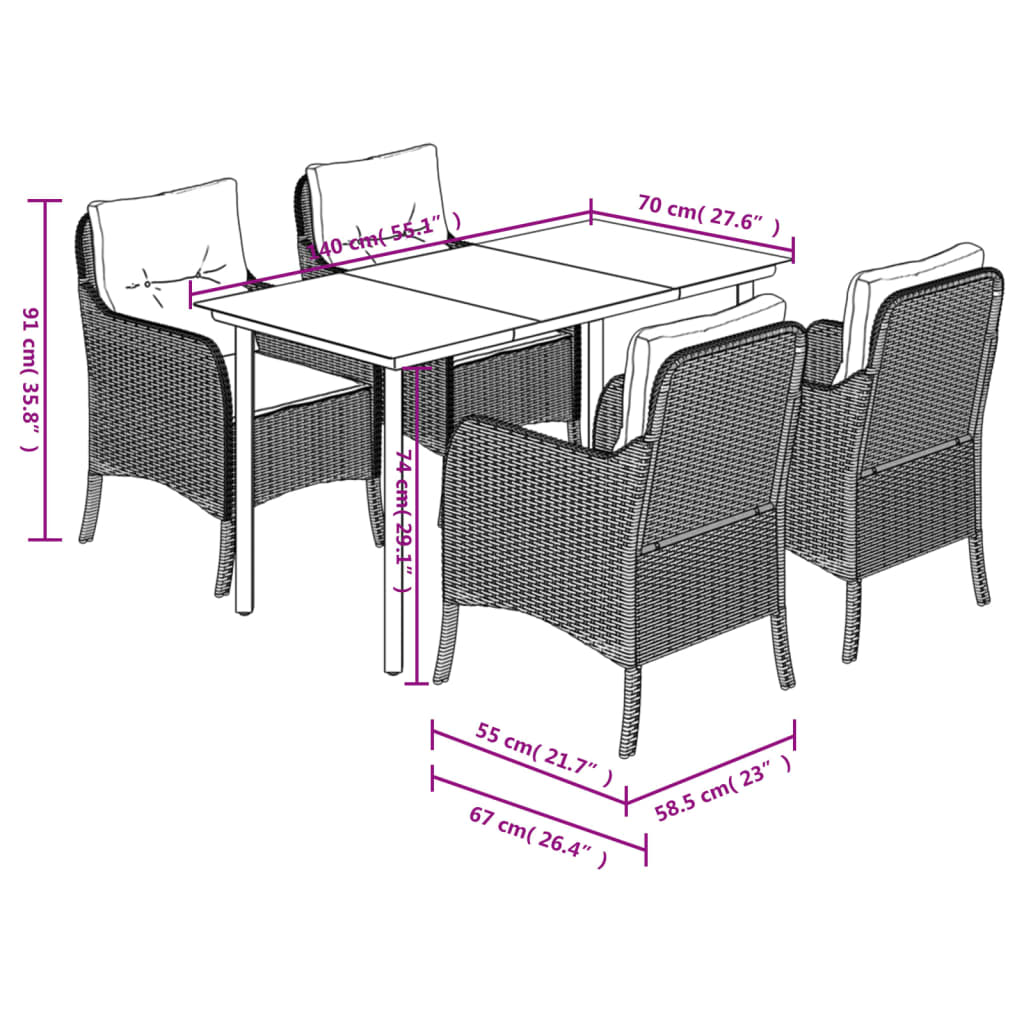 Tuinset met kussens poly rattan zwart 5 140 cm tafellengte Ronde poot