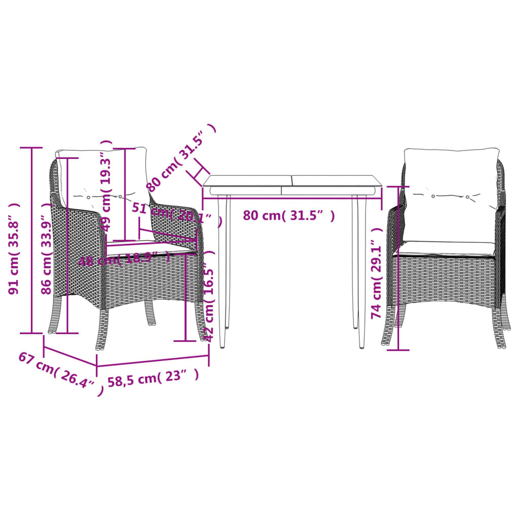 Tuinset met kussens poly rattan zwart 3 80 cm tafellengte Puntige poot