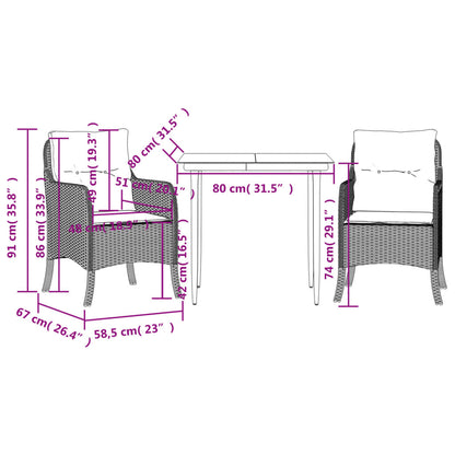 Tuinset met kussens poly rattan zwart 3 80 cm tafellengte Puntige poot