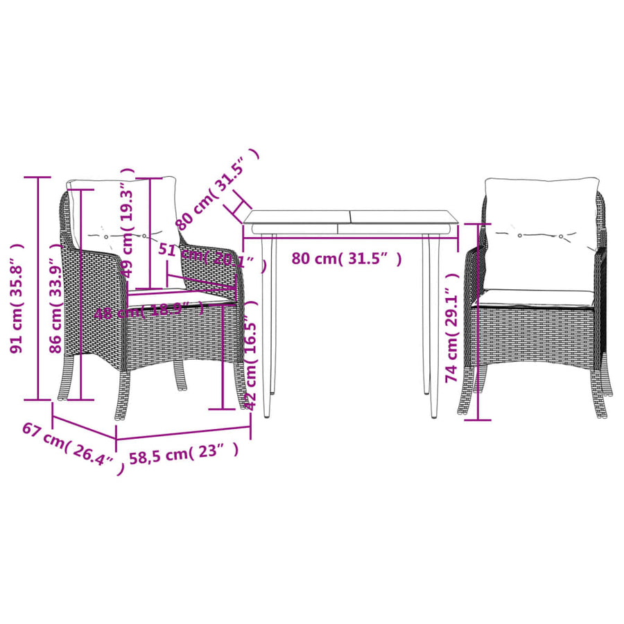 Tuinset met kussens poly rattan zwart 3 80 cm tafellengte Puntige poot