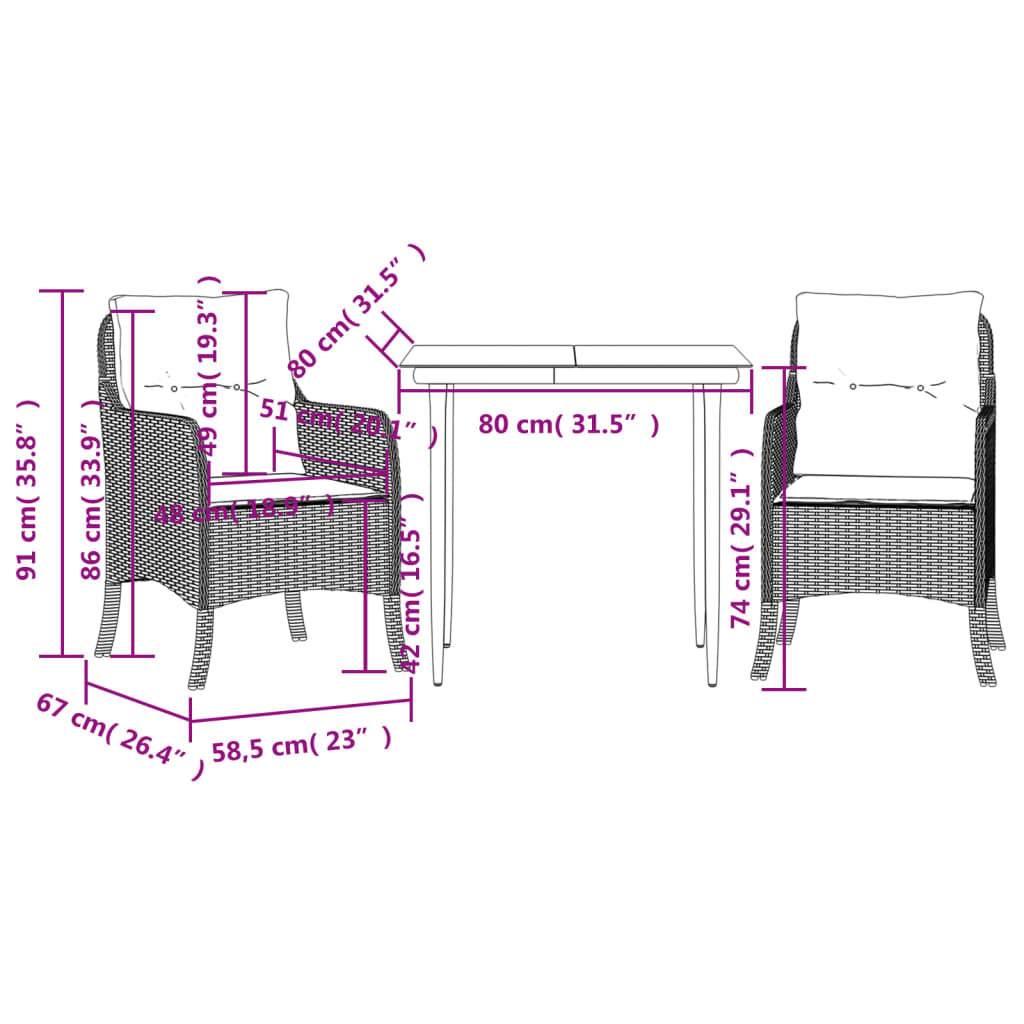 Tuinset met kussens poly rattan bruin 3 80 cm tafellengte Puntige poot