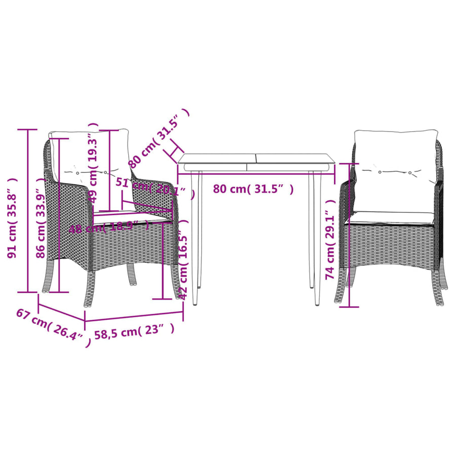 Tuinset met kussens poly rattan bruin 3 80 cm tafellengte Puntige poot