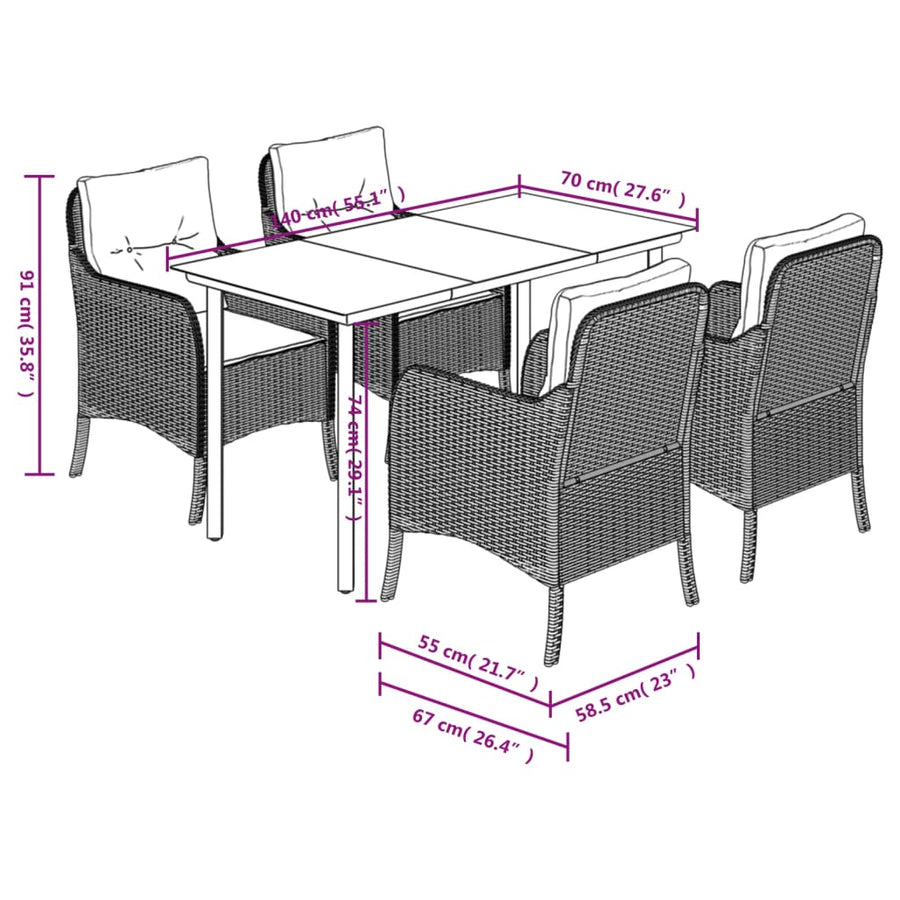 Tuinset met kussens poly rattan bruin 5 140 cm tafellengte Ronde poot