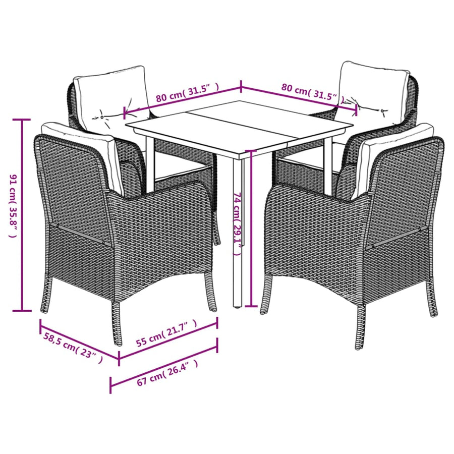 -Delige Tuinset Met Kussens Poly Rattan Grijs 5 80 cm tafellengte Ronde poot