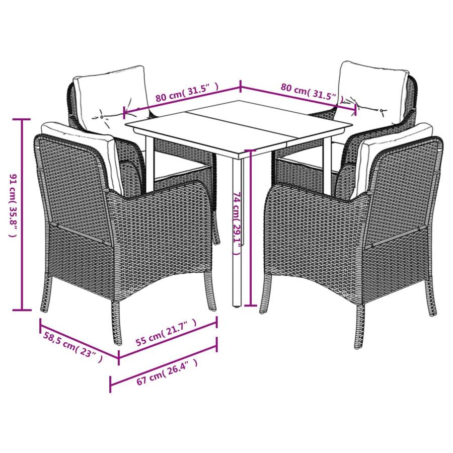 Tuinset met kussens poly rattan beige 5 80 cm tafellengte Ronde poot