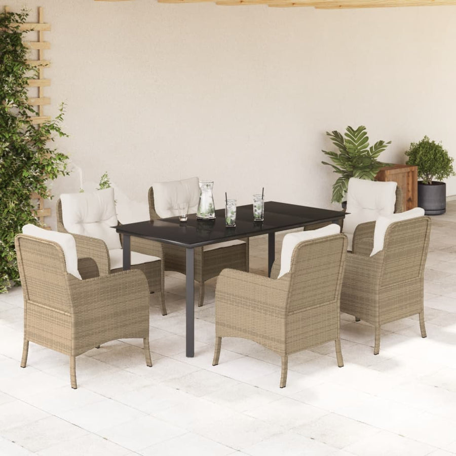 Tuinset met kussens poly rattan beige 7 160 cm tafellengte Ronde poot