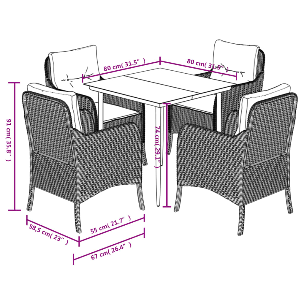 -Delige Tuinset Met Kussens Poly Rattan Beige 5 80 cm tafellengte Puntige poot