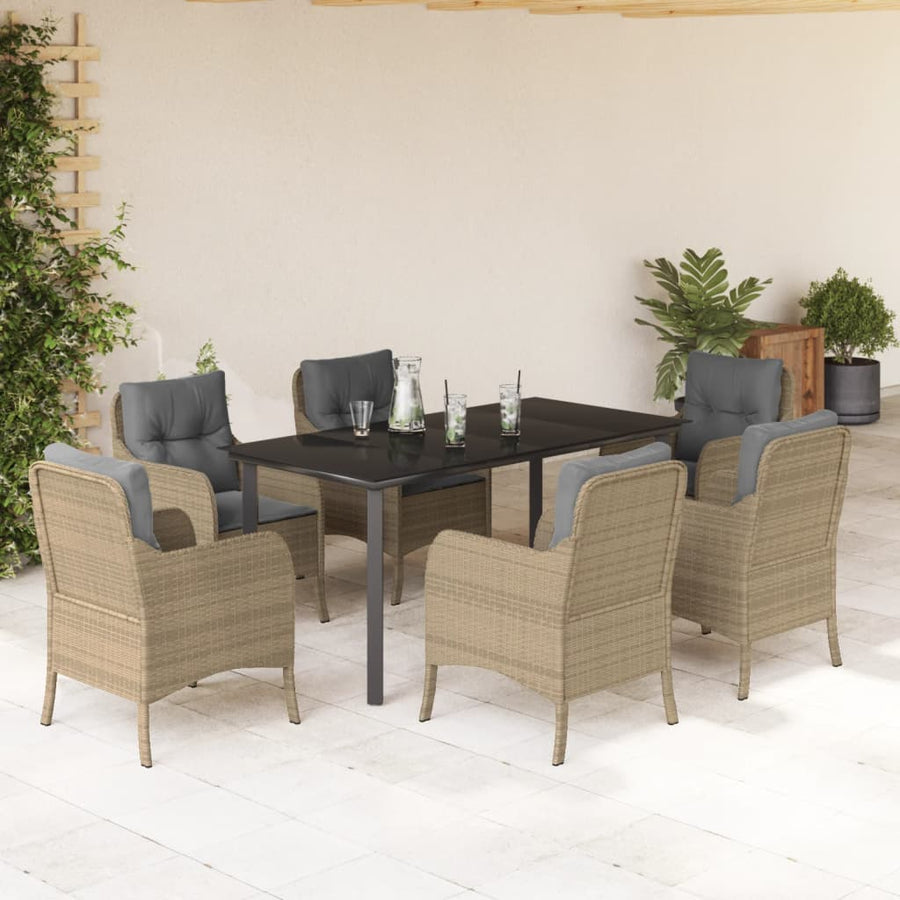 Tuinset met kussens poly rattan beige 7 160 cm tafellengte Ronde poot
