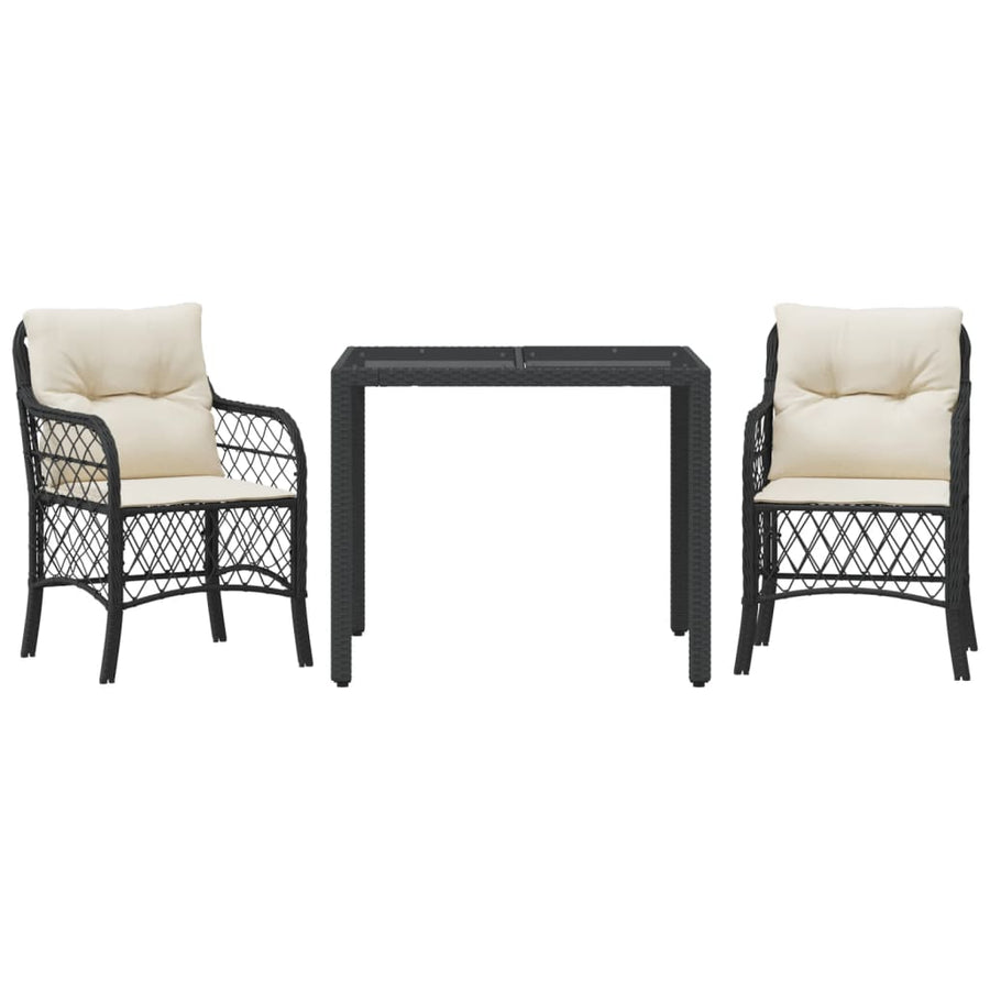 3-Delige Bistroset Met Kussens Poly Rattan 2 90 cm tafellengte Zwart en crème