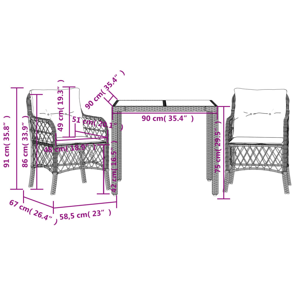 3-Delige Bistroset Met Kussens Poly Rattan 2 90 cm tafellengte Zwart en crème